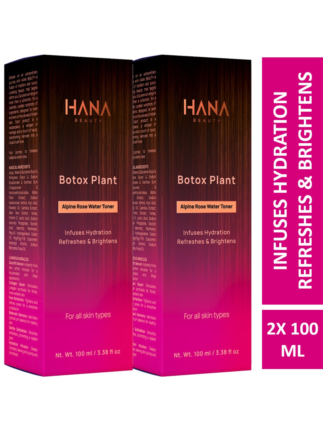 

Hana Beauty Set Of 2 Botox Plant Alpine Rose Water Toner- 100 ml Each, Transparent