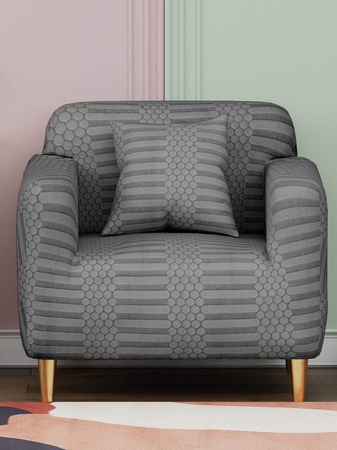 

Lukzer Grey Printed Sofa Cover With Arms