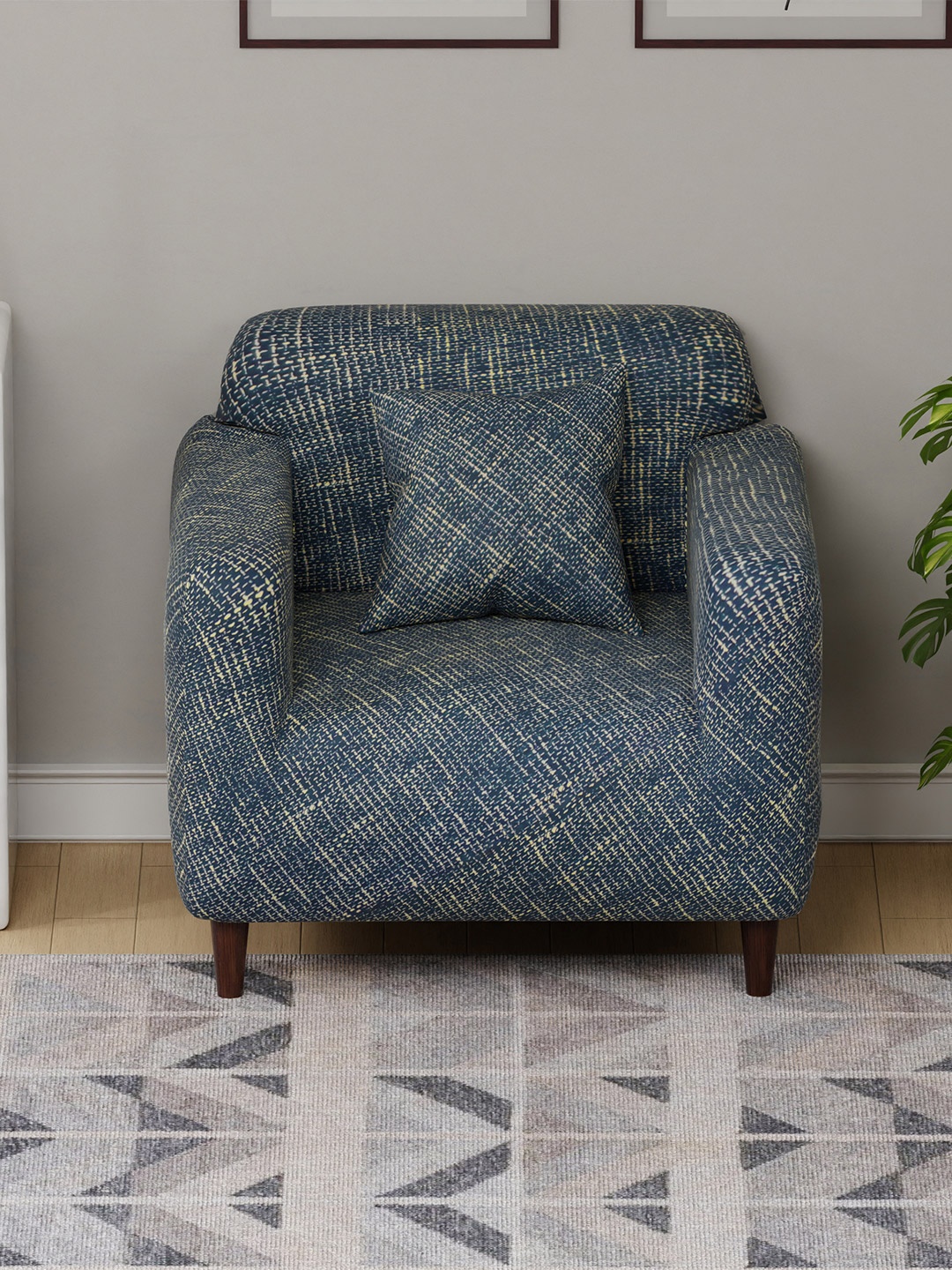 

Lukzer Yellow & Navy Blue Printed Sofa Cover With Arms