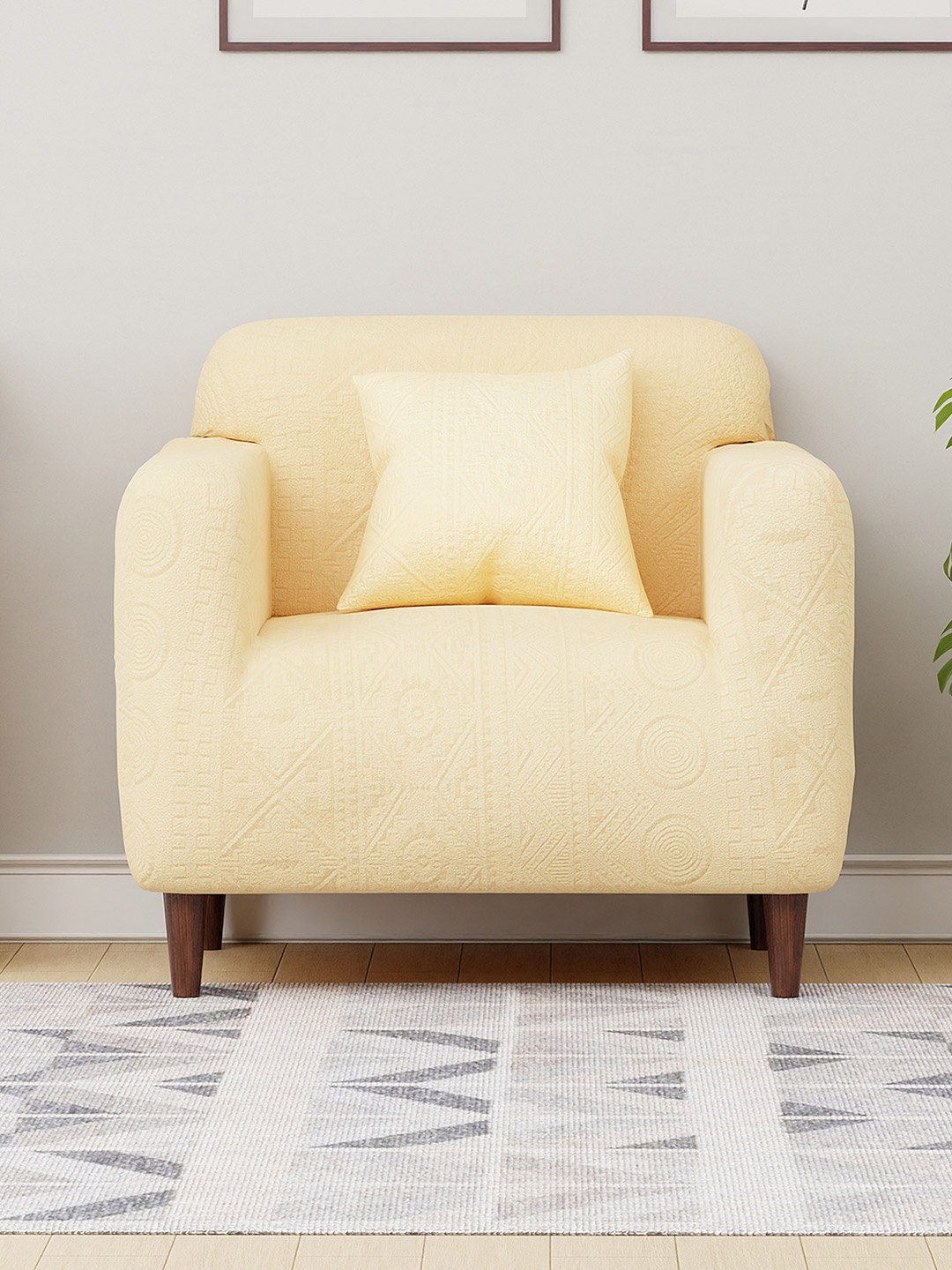 

Lukzer Yellow & Off White Printed Sofa Cover With Arms