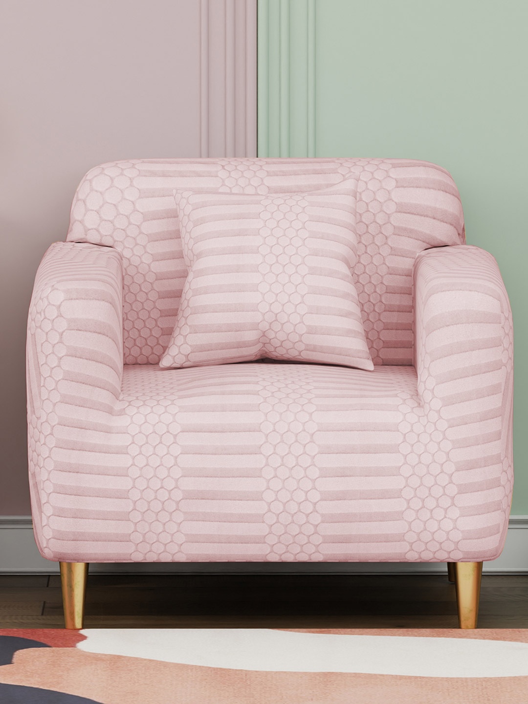 

Lukzer Pink Printed Sofa Cover With Arms