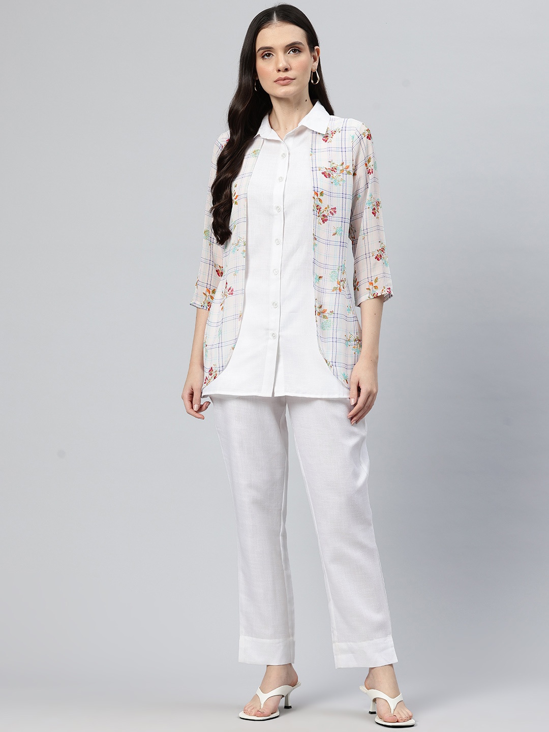 

Cottinfab Women Printed Layered Shirt with Trousers Co-Ords, White