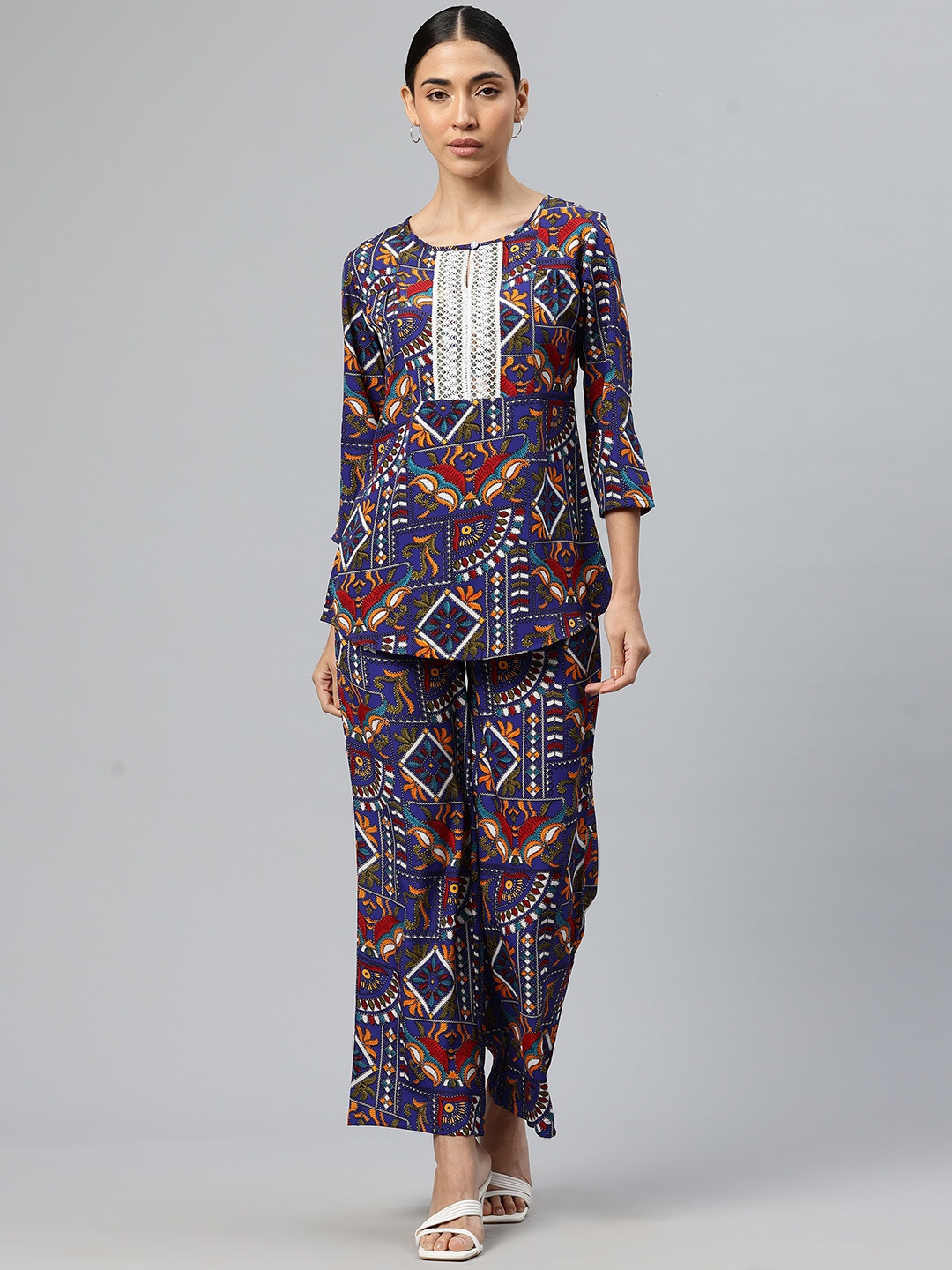 

Cottinfab Women Printed Lace Detail Yoke Design Top with Trousers, Navy blue