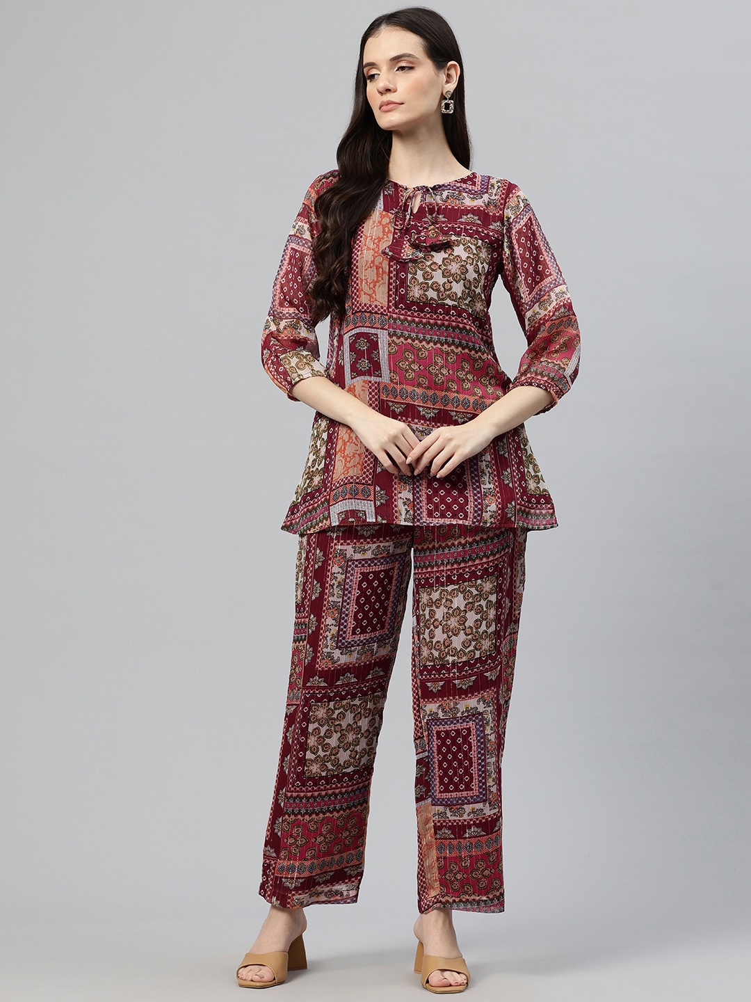 

Cottinfab Women Printed Tie-Up Neck Top with Trousers, Maroon