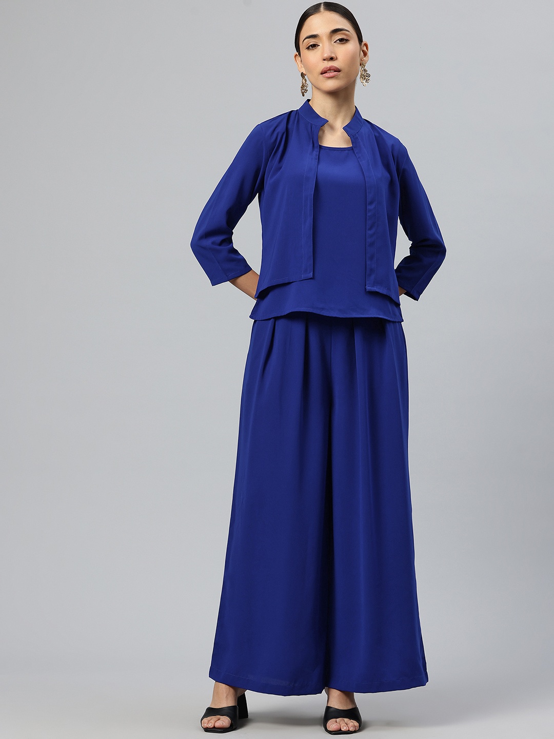 

Cottinfab Women Solid Top with Trousers & Jacket, Blue