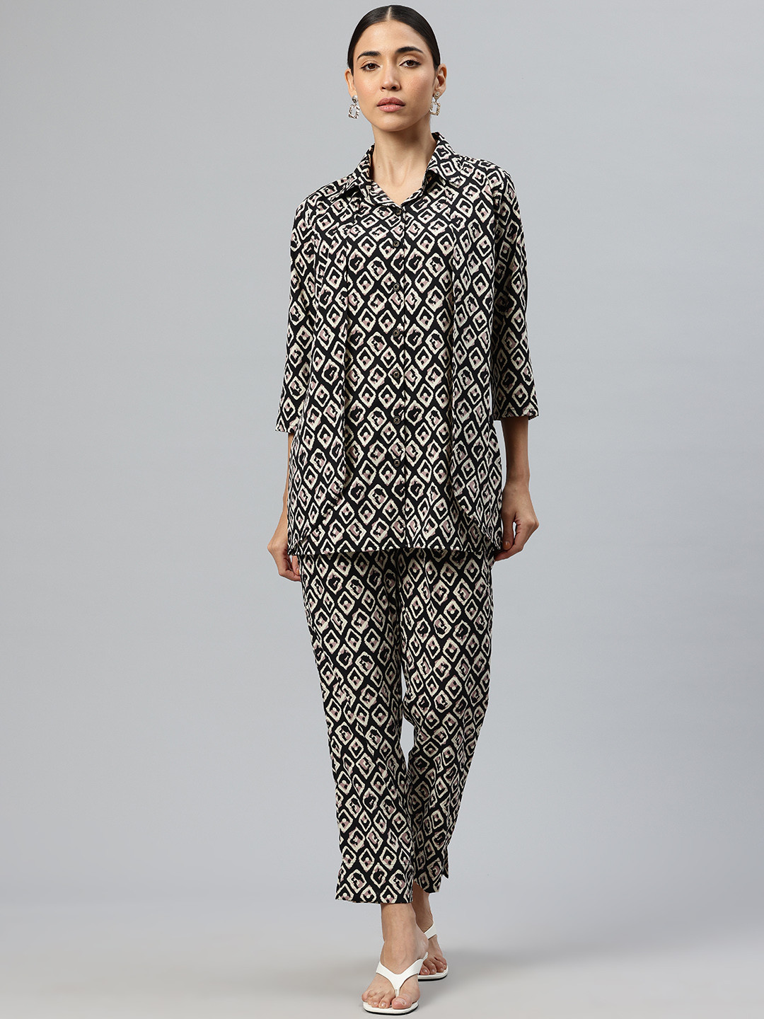 

Cottinfab Women Printed Shirt with Trousers Co-Ord Set, Black