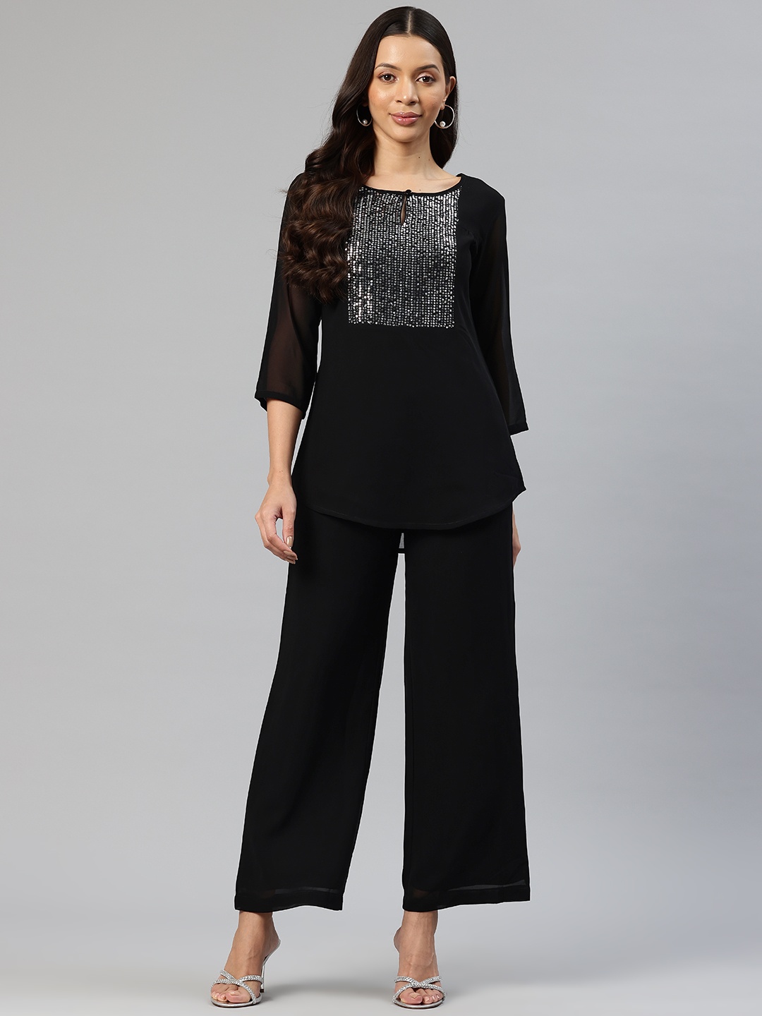 

Cottinfab Embellished Yoke Design Top With Palazzos, Black