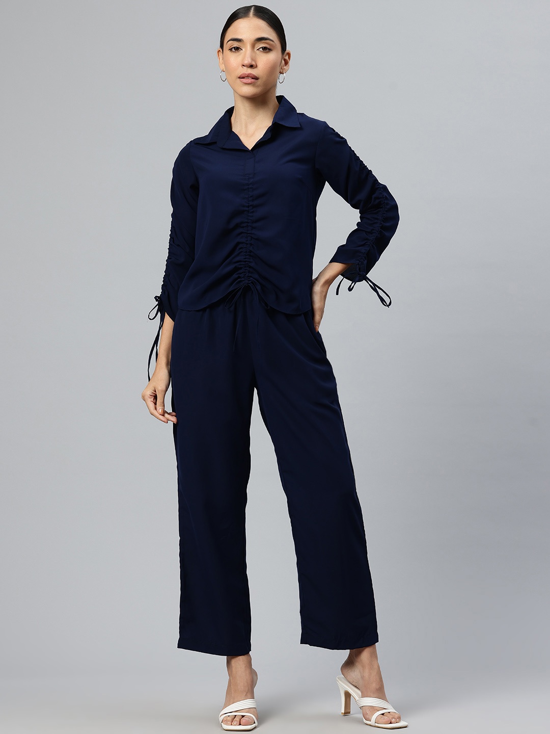 

Cottinfab Women Tie-Up Details Top with Trousers Co-Ords, Navy blue