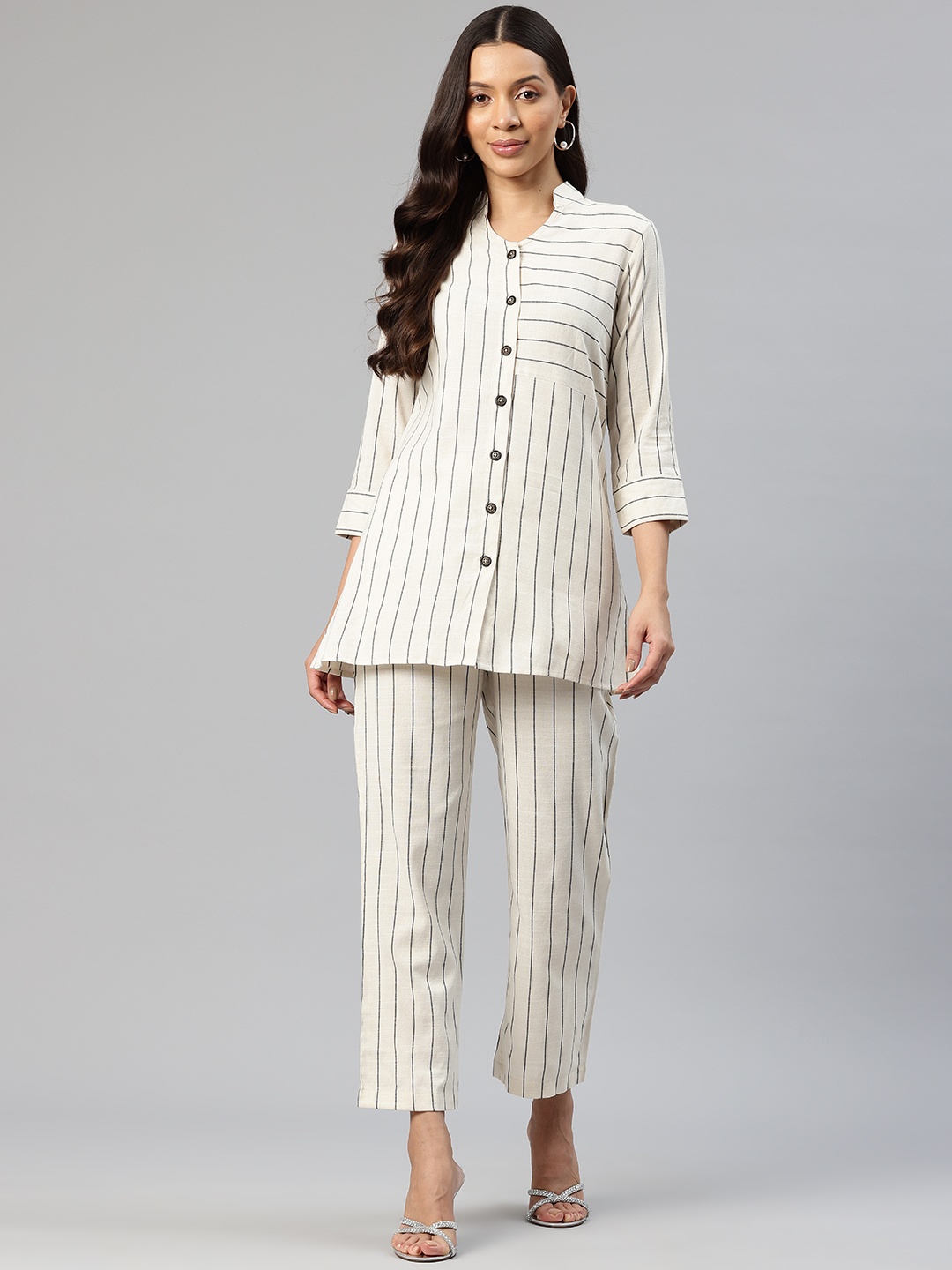 

Cottinfab Striped Pure Cotton Top with Trousers, Off white