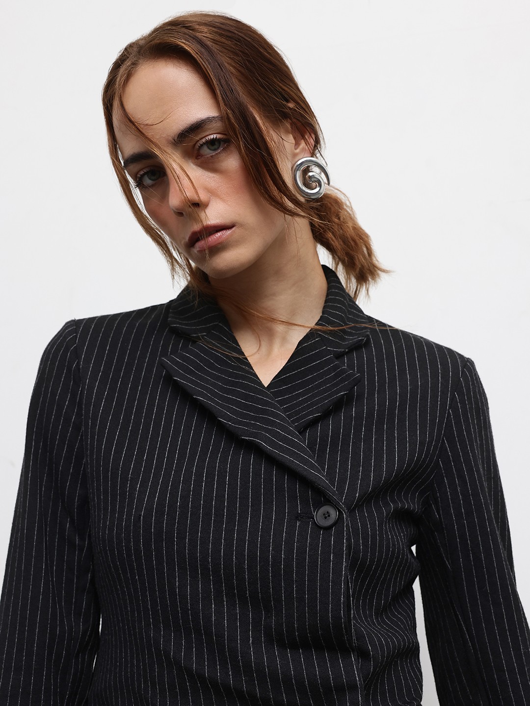 

ZARA Single-Breasted Striped Longline Blazer, Black