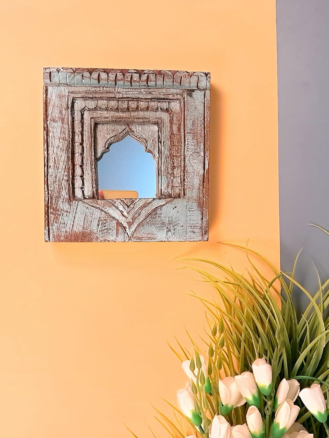 

apka mart Blue Square Shaped Wooden Jharokha Frame With Mirror Wall Decor