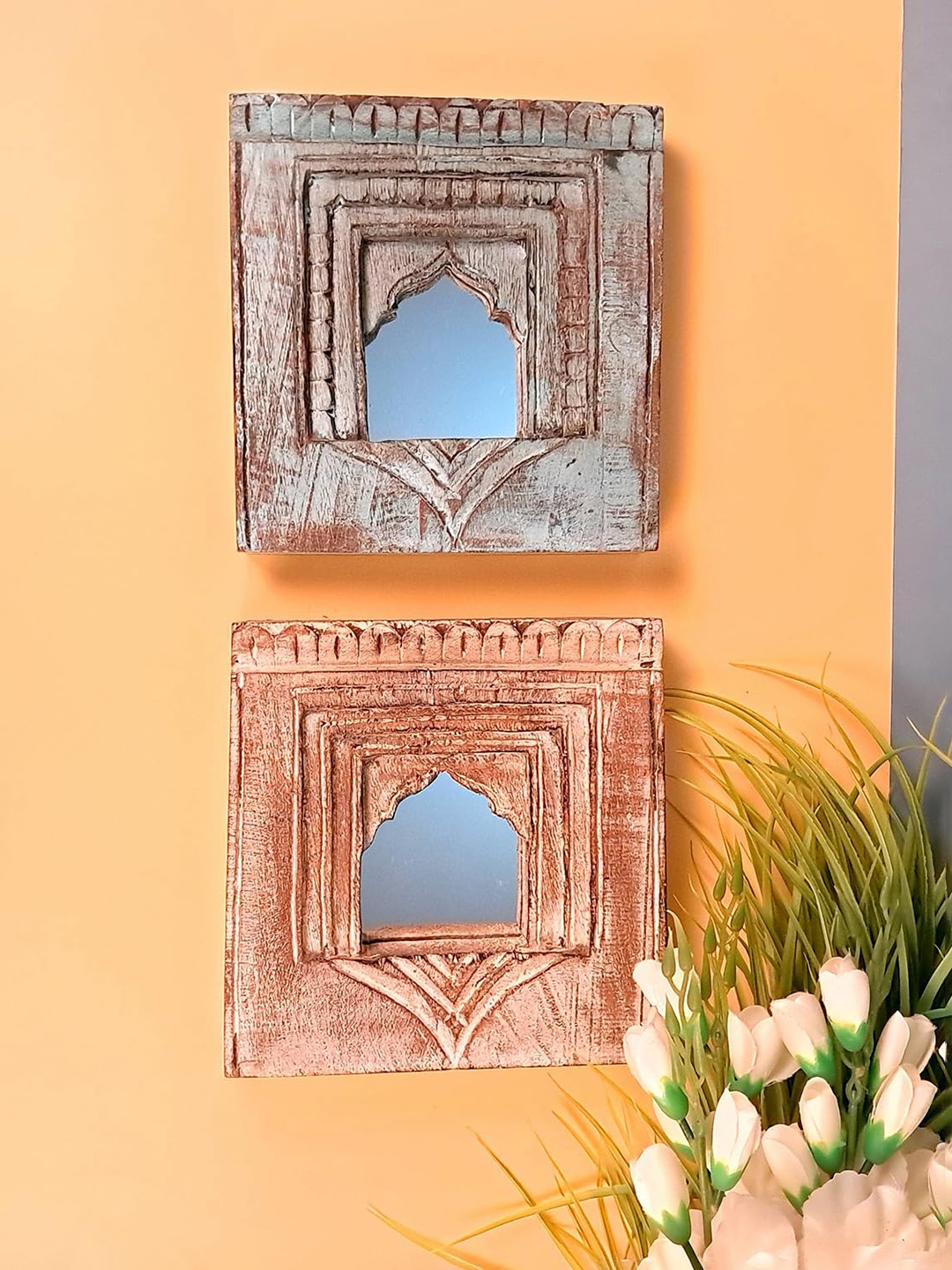 

apka mart 2 Pcs Blue & Brown Wooden Jharokha Photo Frame With Mirror Wall Hanging