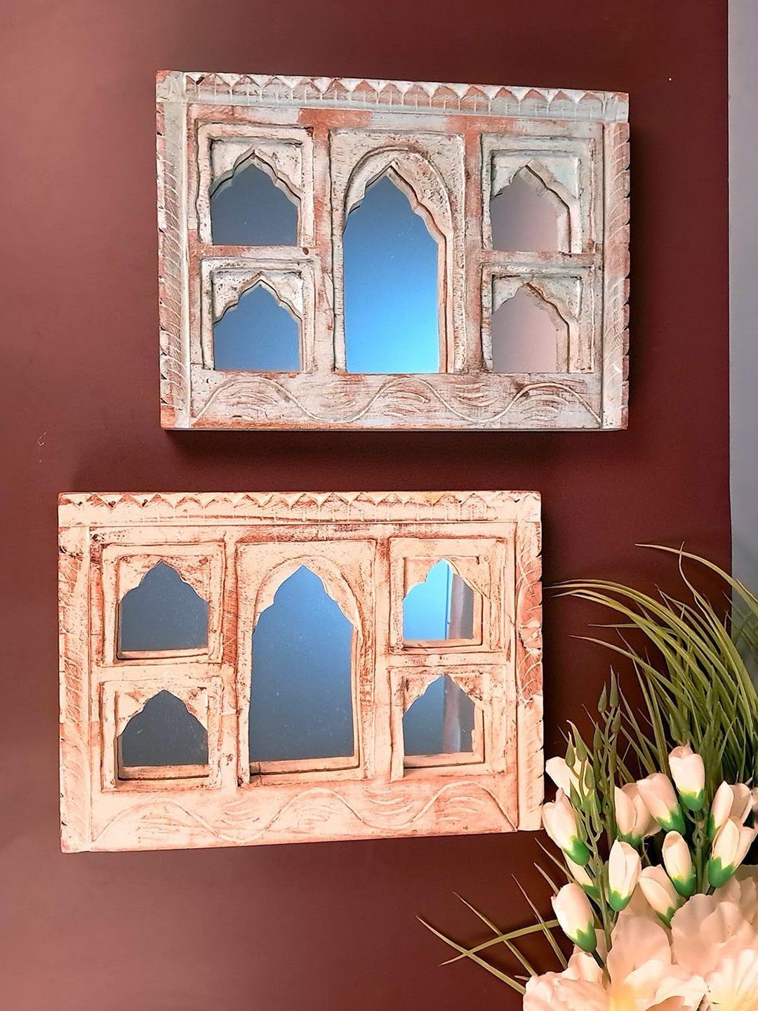 

apka mart Yellow & Pink 2 Pieces Wooden Jharokha Photo Frame With Mirror Wall Decor