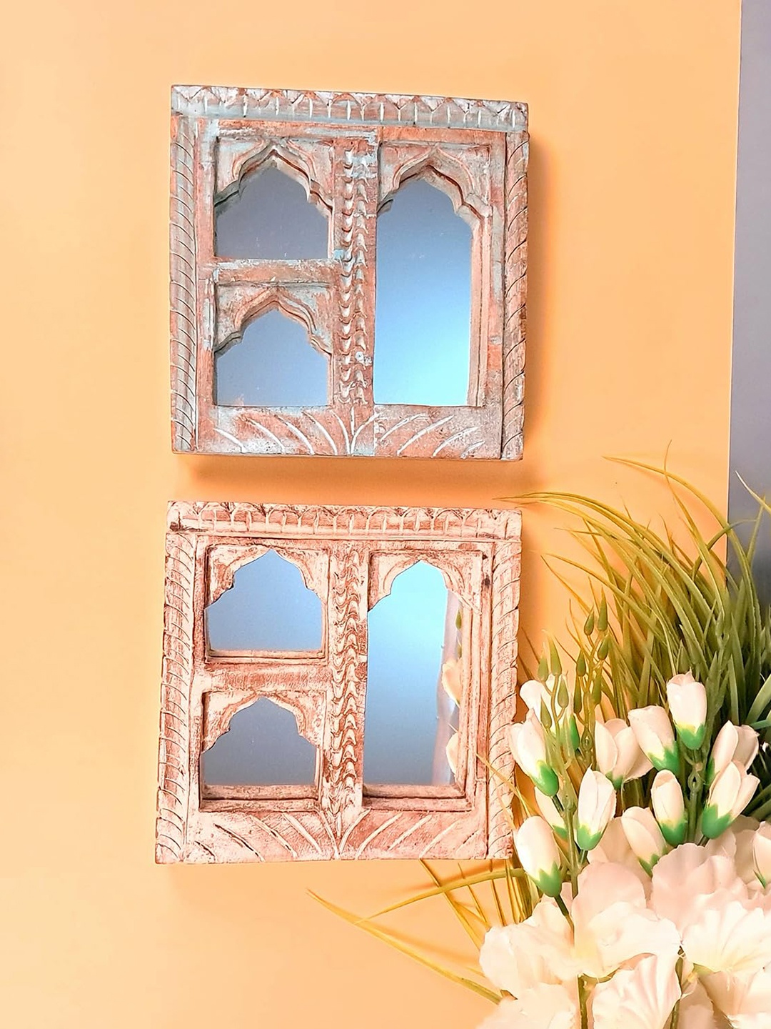 

apka mart Brown & Blue 2 Pieces Textured Wooden Jharoka With Mirror Wall Decors
