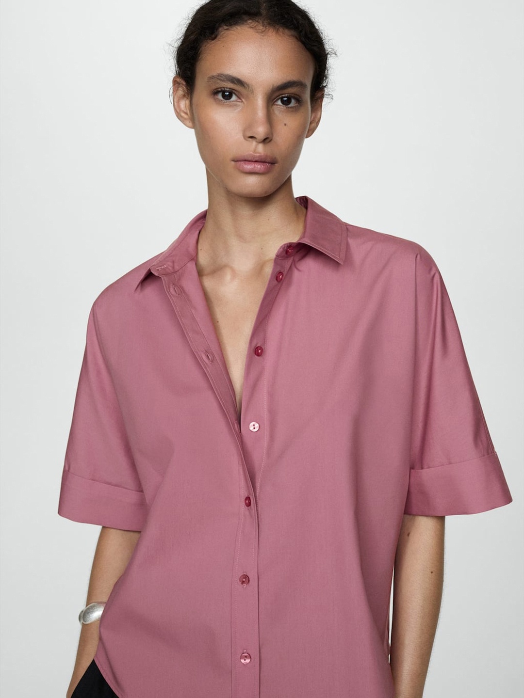 

MANGO Curved Hem Short Sleeve Casual Shirt, Pink