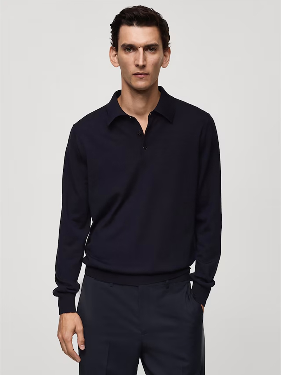 

MANGO MAN Ribbed Woollen Longline Pullover, Navy blue