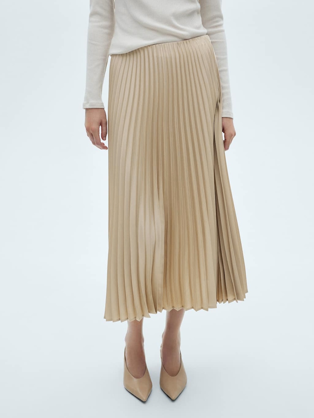 

MANGO Accordion Pleats Midi Flared Skirt, Beige