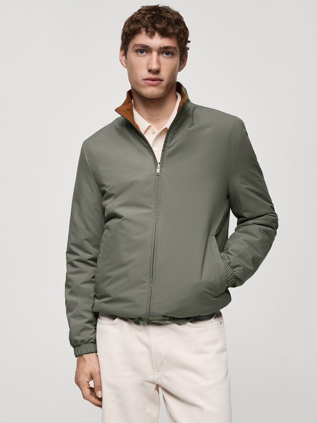 

MANGO MAN Mock Collar Reversible Water Repellent Quilted Jacket, Taupe