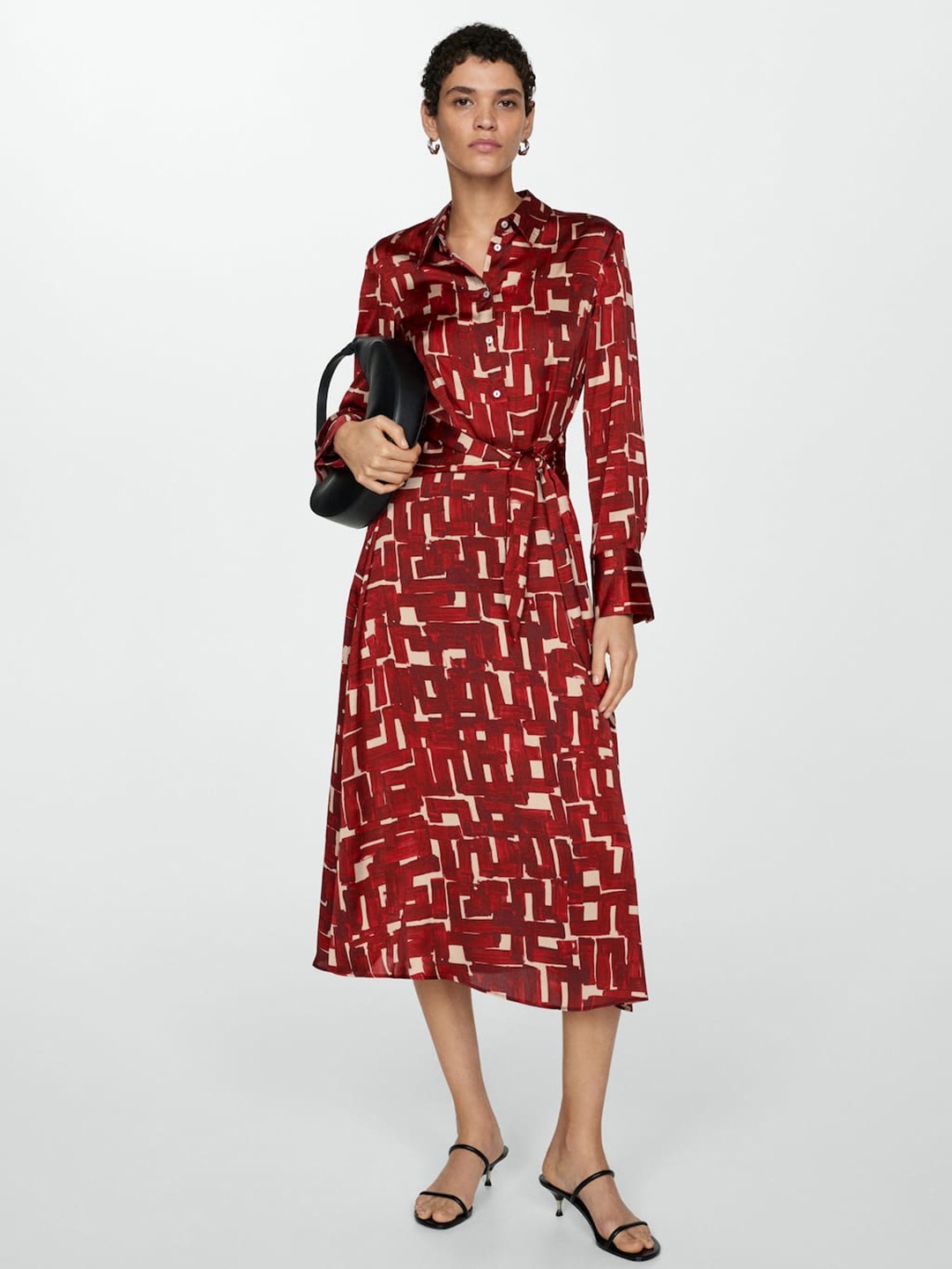

MANGO Printed Tie-Up Waist Shirt Midi Dress, Maroon