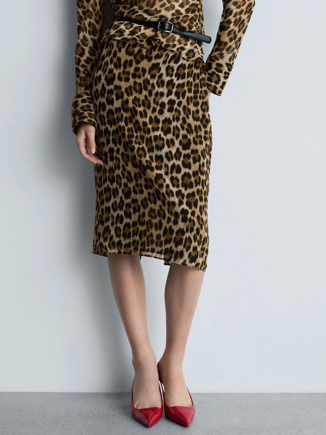

MANGO Animal Print Straight Skirt, Brown
