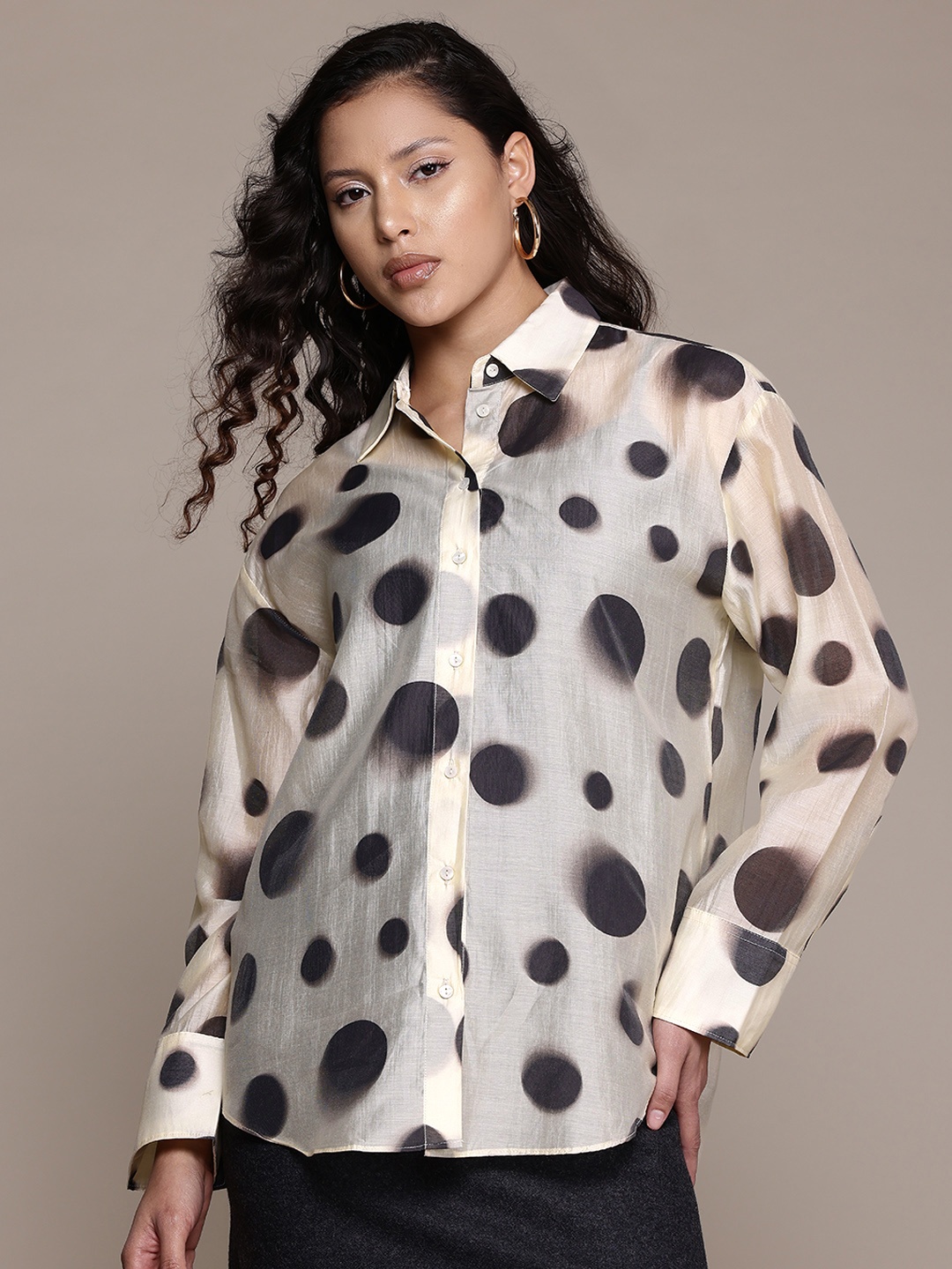 

MANGO Polka Dots High-Low Shirt, Cream