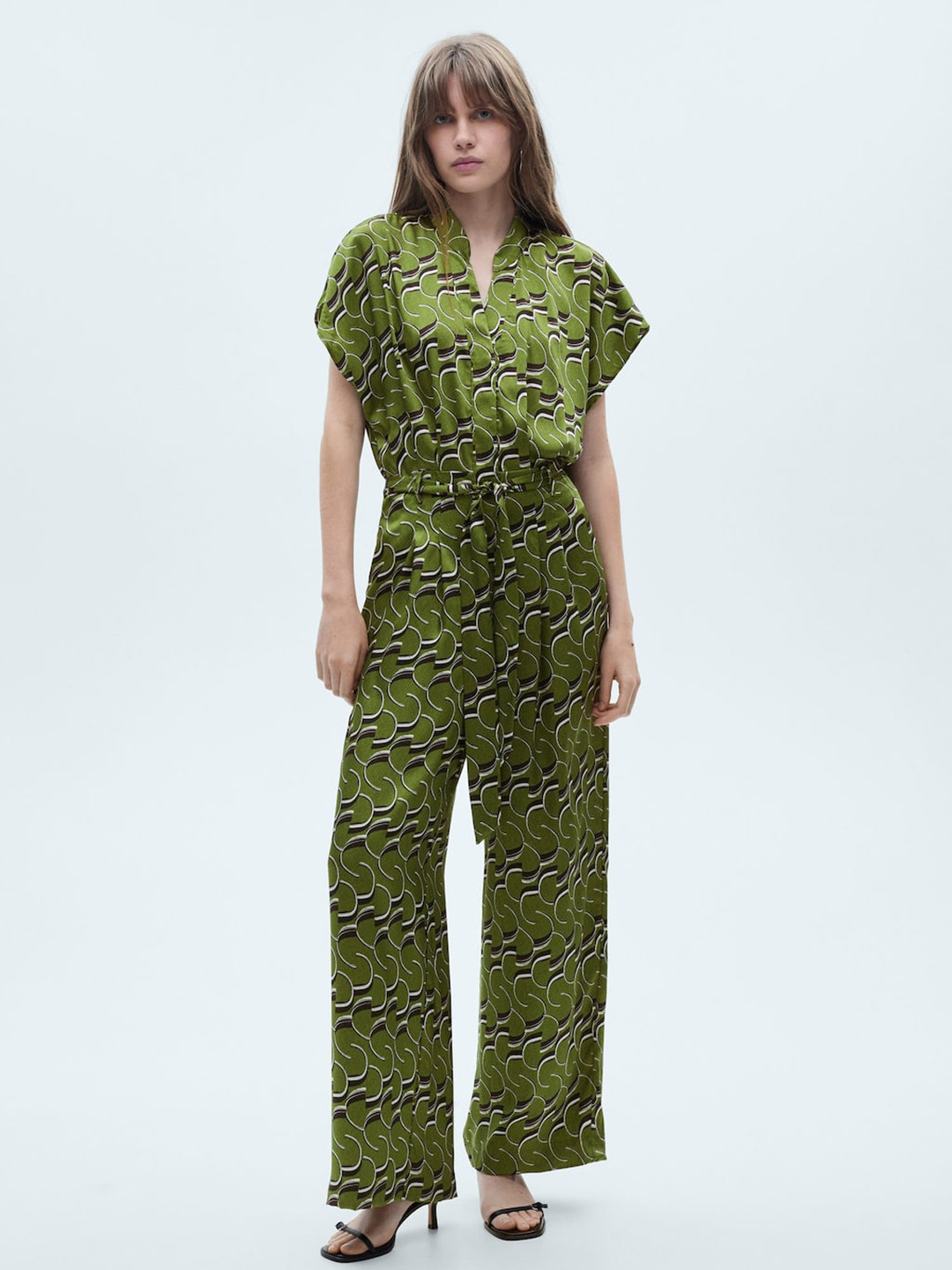 

MANGO Geometric Printed Extended Sleeve Basic Jumpsuit, Green