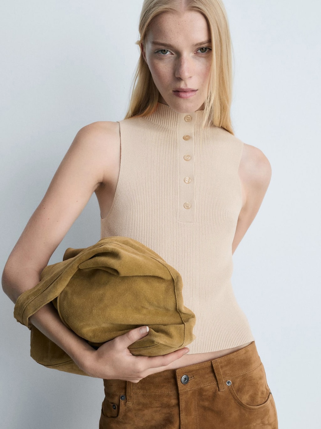 

MANGO Ribbed Top, Beige