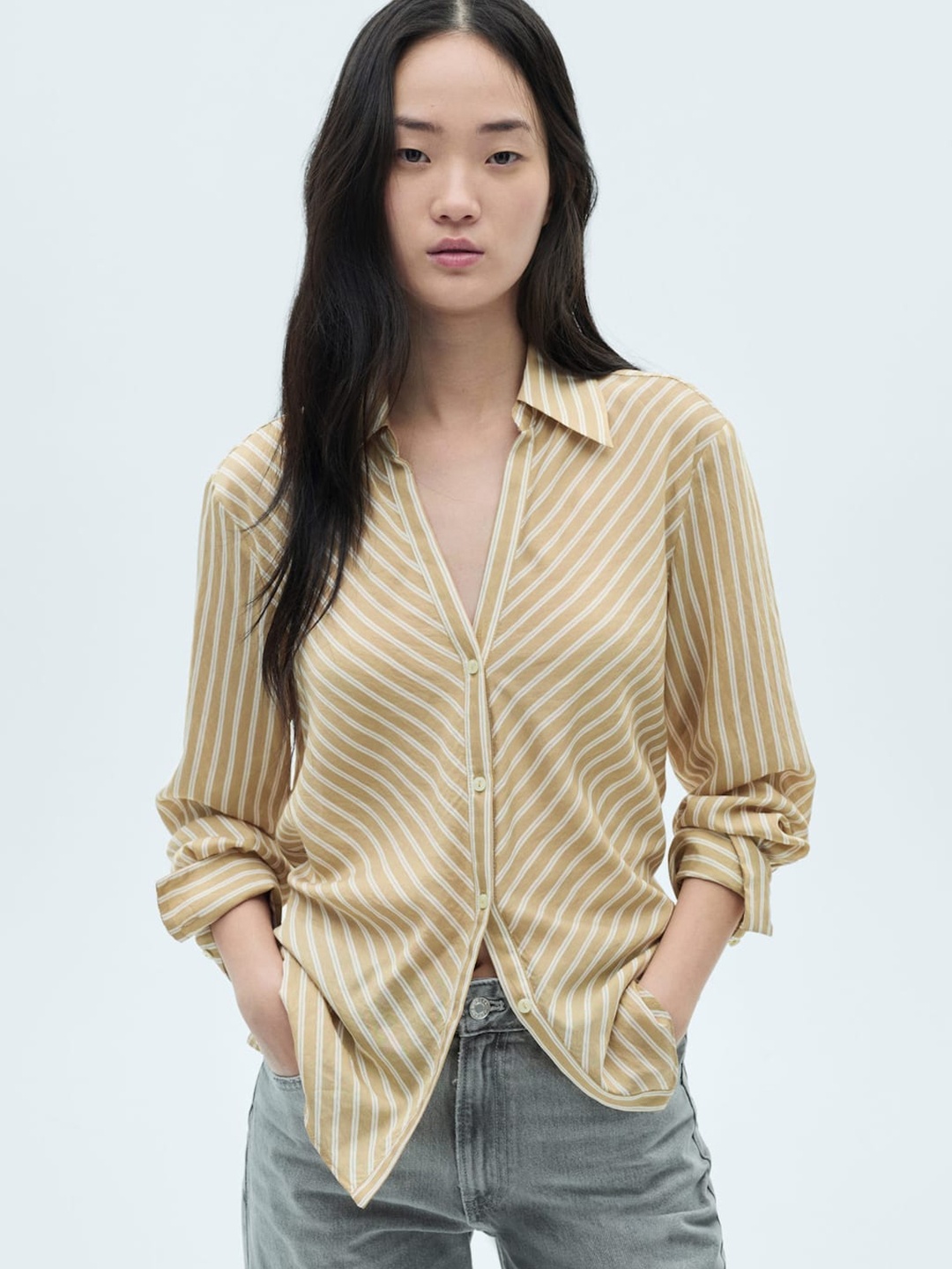 

MANGO Opaque Striped Casual Shirt, Khaki