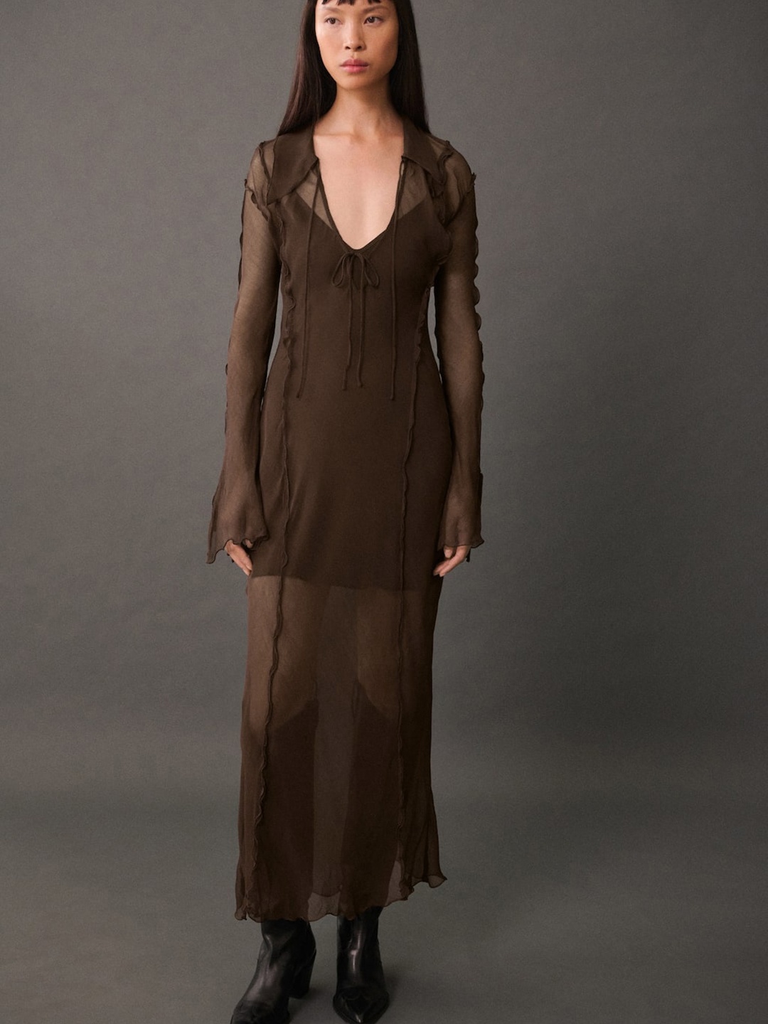 

MANGO Sheer Maxi Dress with Camisole, Brown