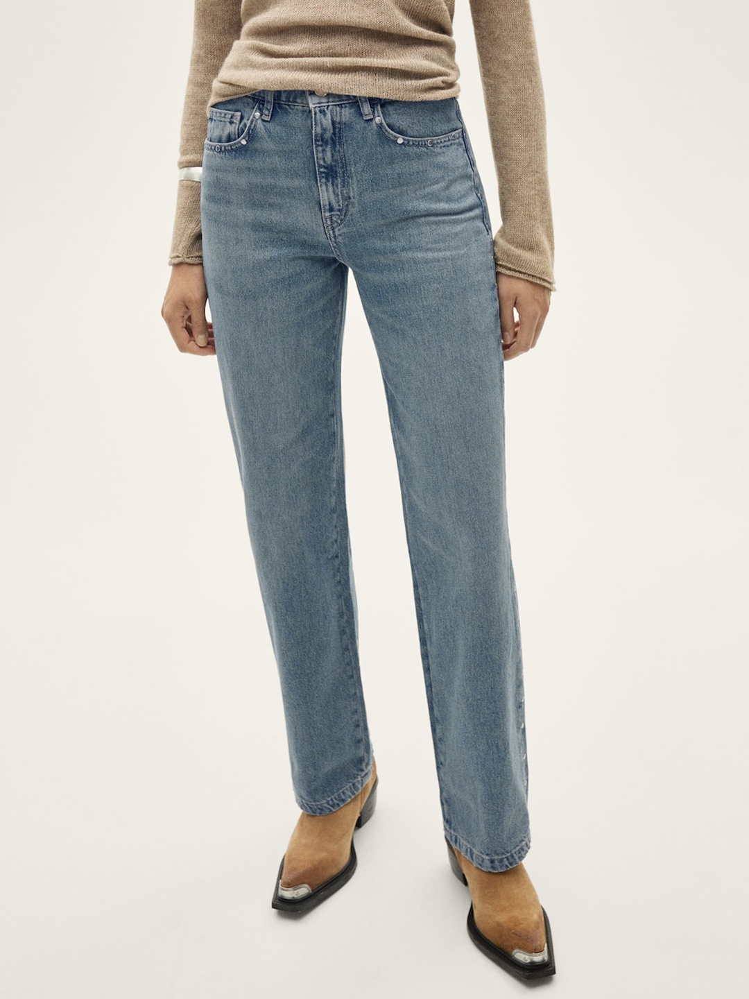 

MANGO Women Straight-fit Pure Cotton Jeans With Studs Detailing, Blue