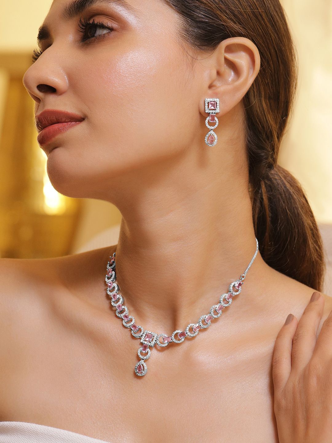 

Rubans Rhodium-Plated Cubic Zirconia Studded Jewellery Set, Silver