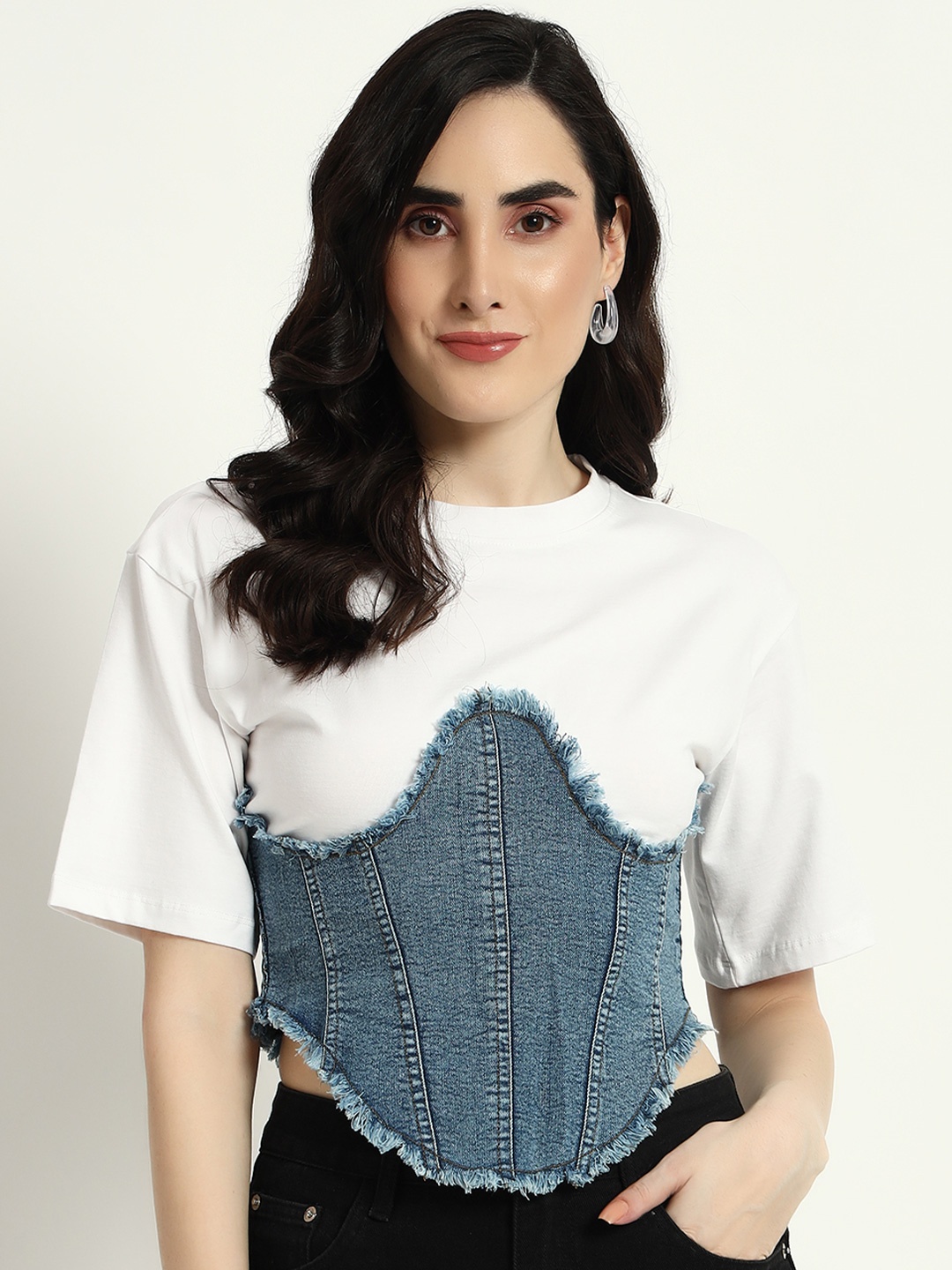 

Sugercandy Women Solid Cotton Denim Corset Top, White