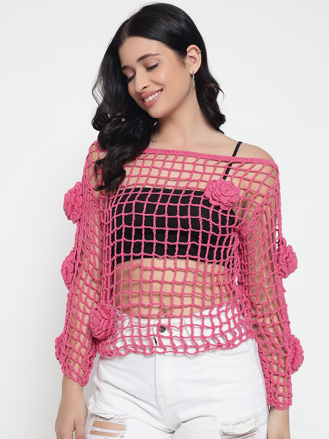 

Sugercandy Women Self Design Cotton Crochet Top, Pink