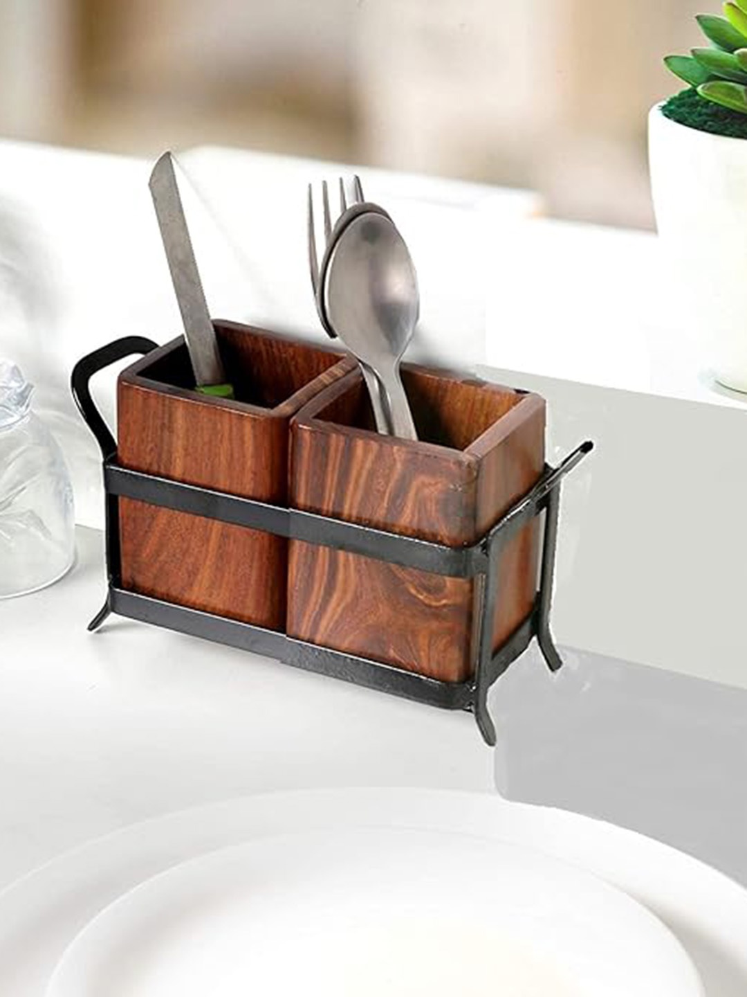 

natureCRAFTS Brown & Black 2 Jars Wooden Cutlery Holder