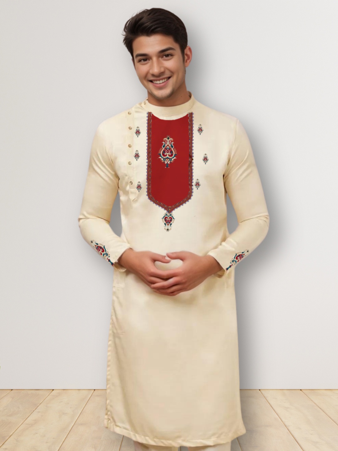 

DEVOILER Men Ethnic Motifs Printed White Romance Kurta, Beige