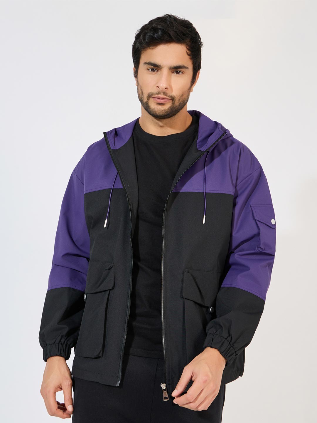 

Styli Men Hooded Colourblocked Casual Sporty Jacket, Purple