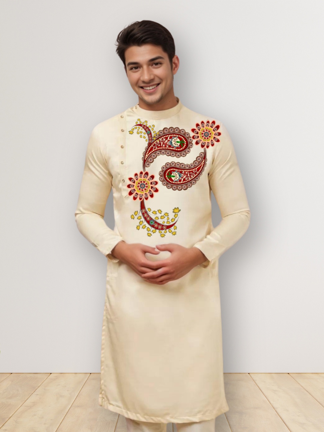 

DEVOILER Ethnic Motifs Printed Mandarin Collar Straight Kurta, Beige