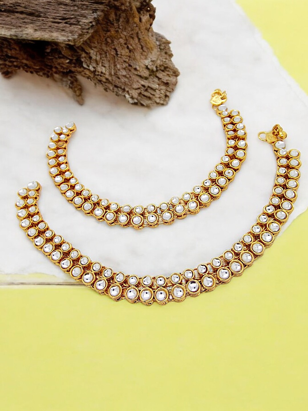 

9blings Set Of 2 Gold-Plated Kundan Studded Layered Anklets