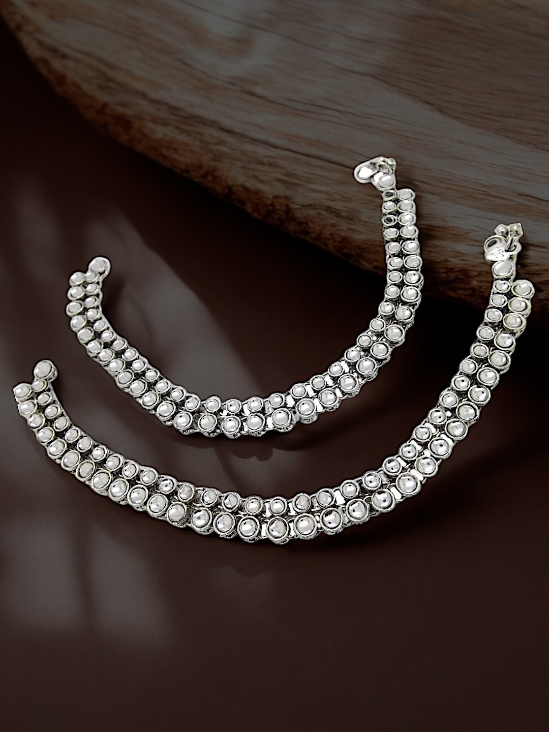 

9blings Set Of 2 Silver-Plated Kundan Studded Anklets