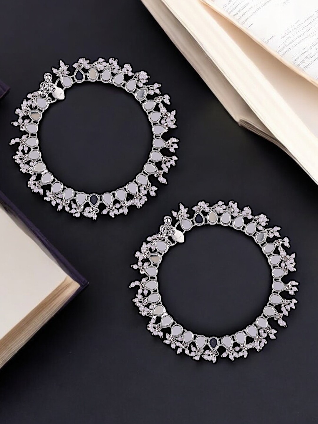 

9blings Set Of 2 Silver-Plated Artificial Beads Anklets