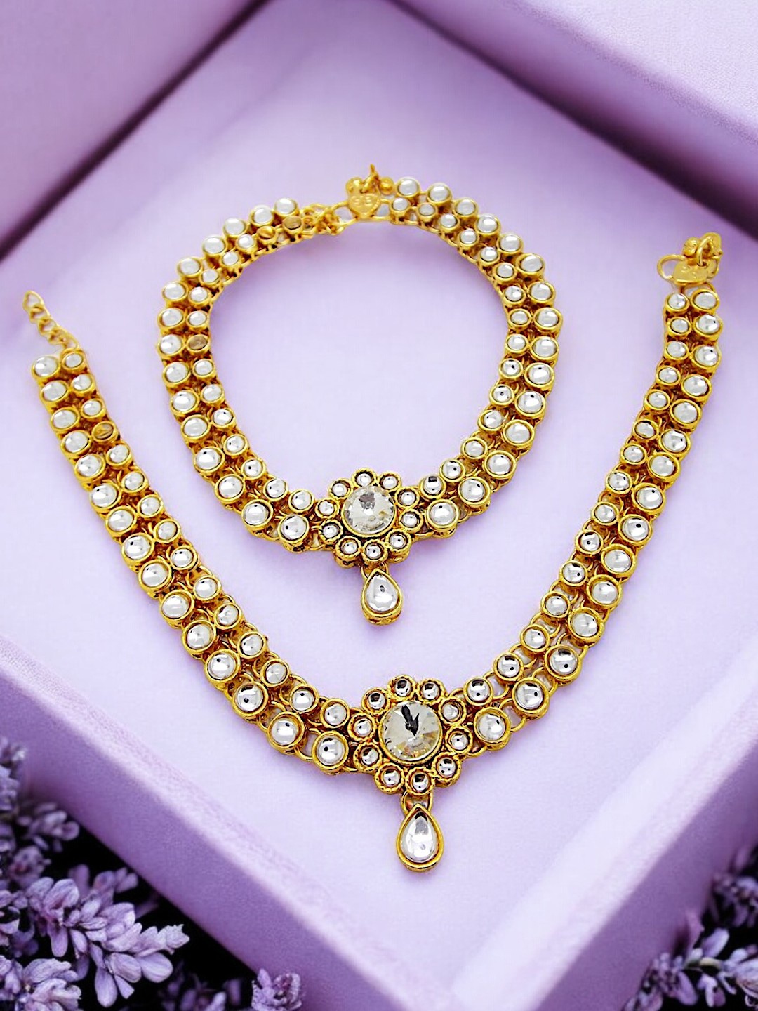 

9blings Set Of 2 Gold-Plated Kundan Studded Double Layered Anklets