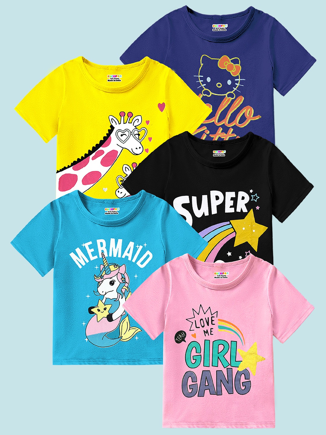 

KUCHIPOO Girls Graphic Printed Round Neck Cotton T-shirt, Black