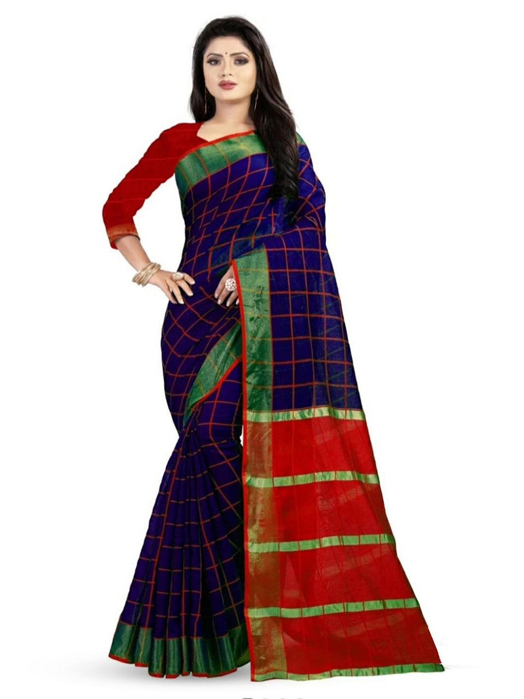 

Maroosh Checked Zari Border Saree With Blouse Piece, Blue