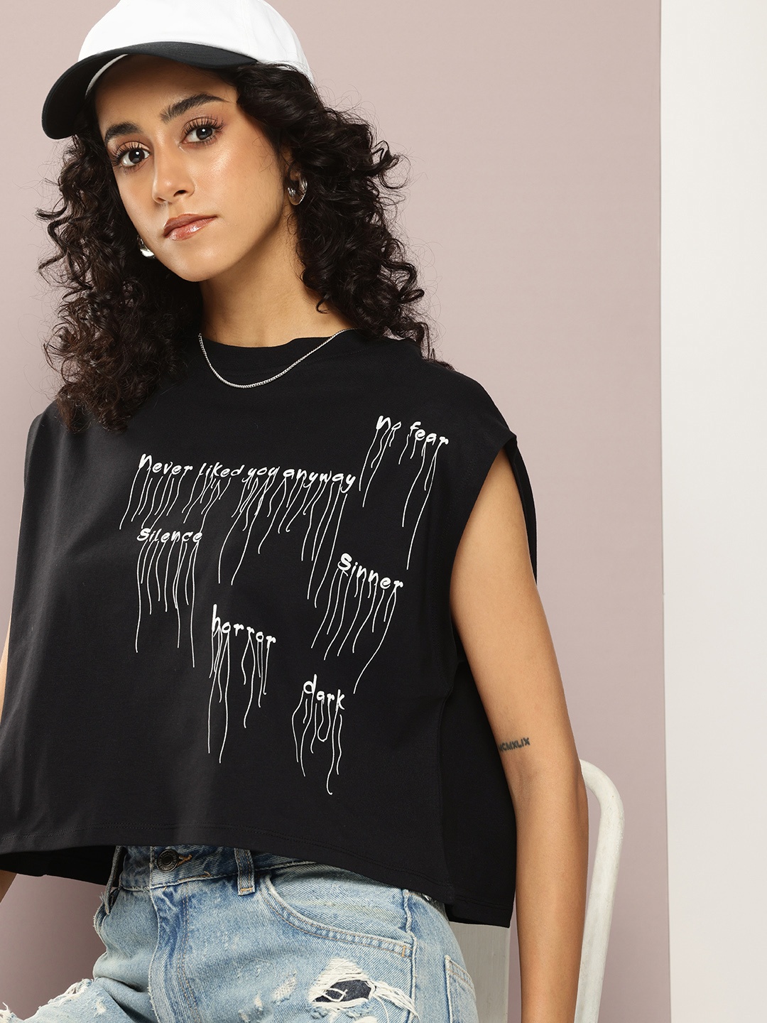 

Kook N Keech Typography Printed Boxy Crop T-shirt, Black