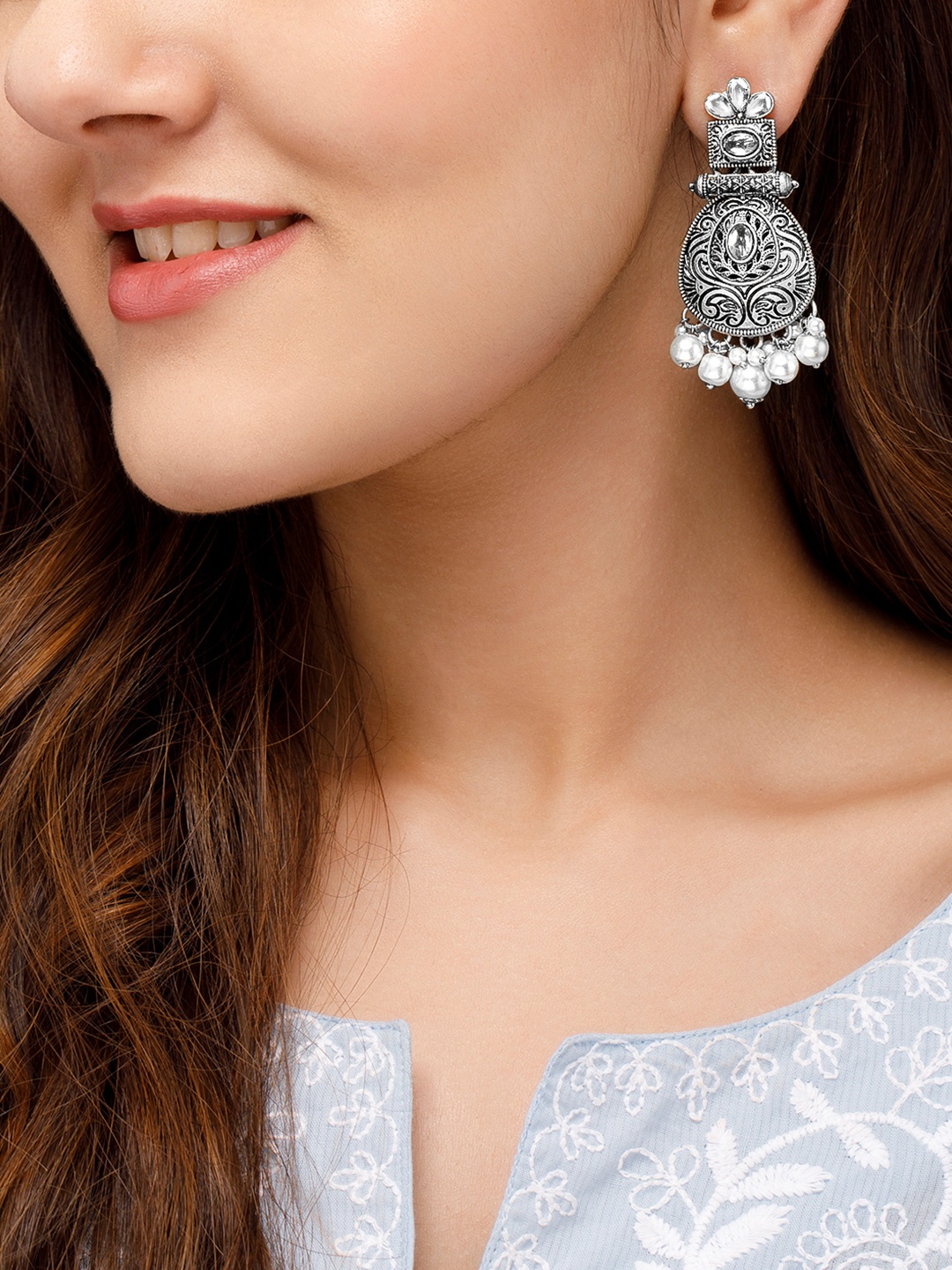 

Rubans Oxidised Silver-Plated Antique Design Earrings with White Pearl Drops