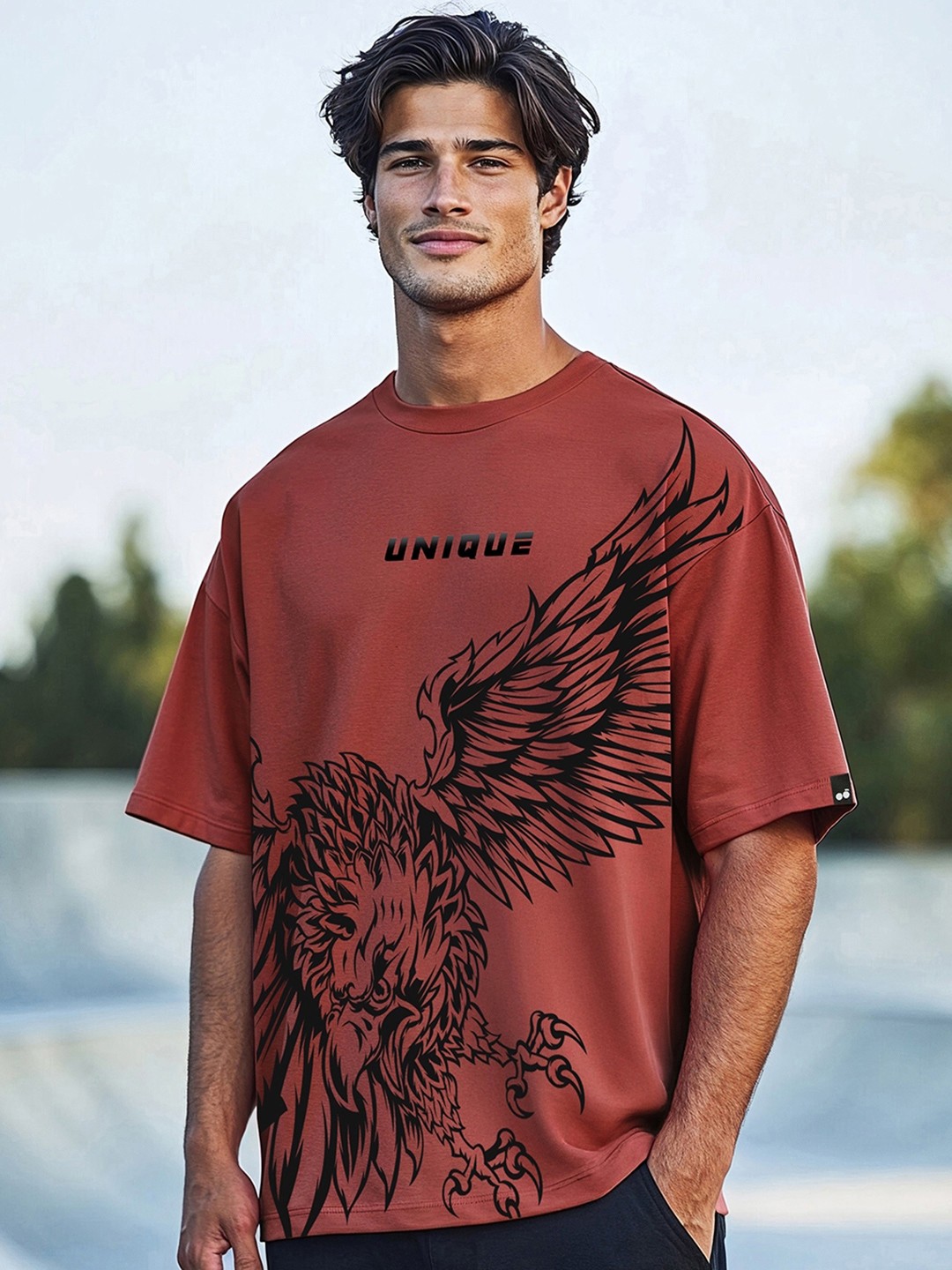 

Bewakoof Men Graphic Printed Round Neck Cotton Oversized T-shirt, Brown