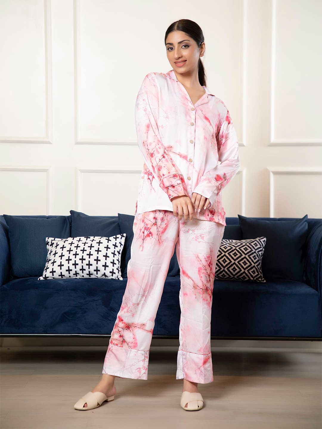 

Urban Sundari Women Floral Printed Satin Shirt With Trousers Co-Ords, Pink
