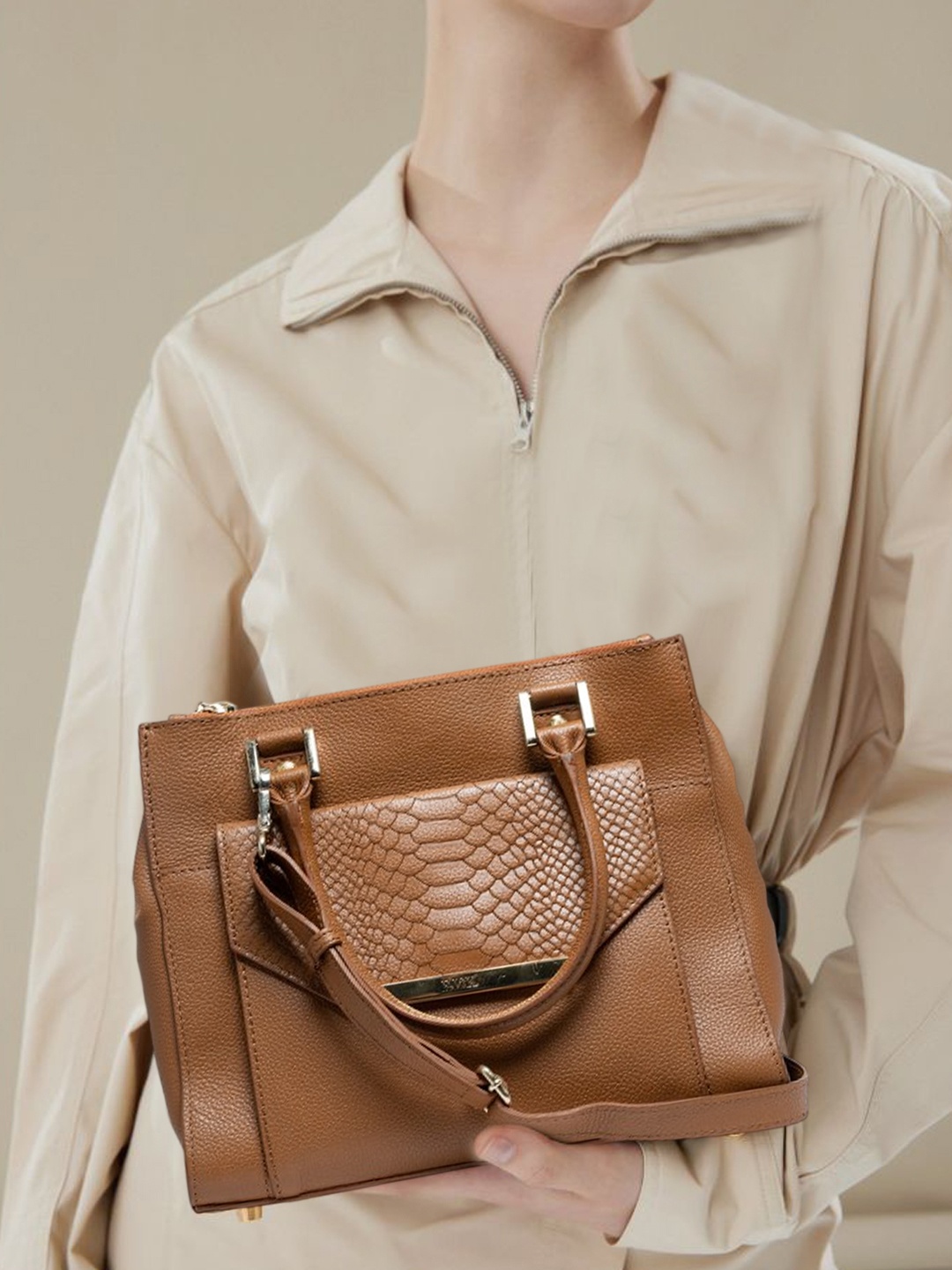 

RI2K LONDON Women Textured Leather Structured Shoulder Bag, Tan