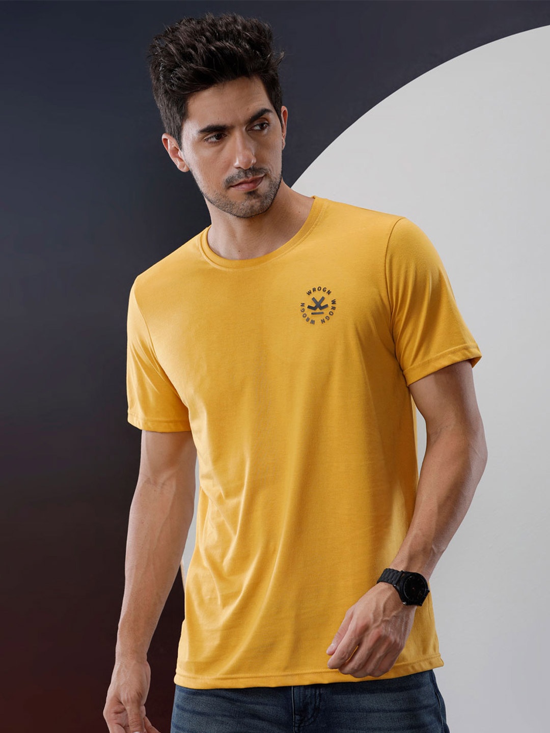 

WROGN Men Solid Pure Cotton T-shirt, Mustard