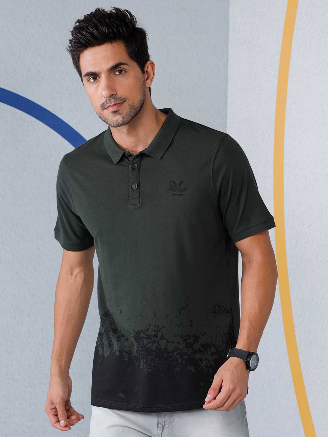 

WROGN Men Printed Polo Collar Pure Cotton T-shirt, Olive